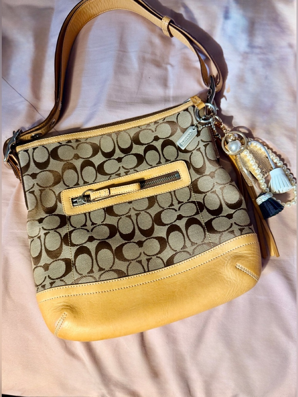 Coach Brown Signature Canvas Shoulder Bag with Tan Leather Trim
